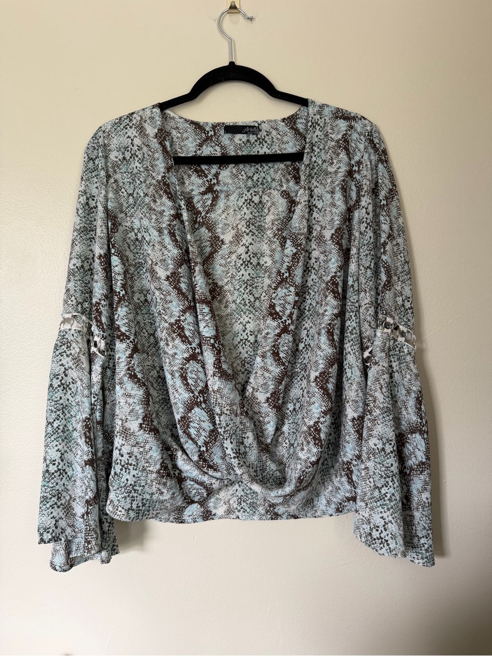 Ariella Mint and Brown Snake-Print Drape Wrap Front Blouse Bell Sleeves Silver